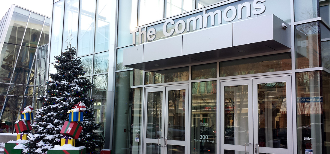 The Commons front door with Christmas tree